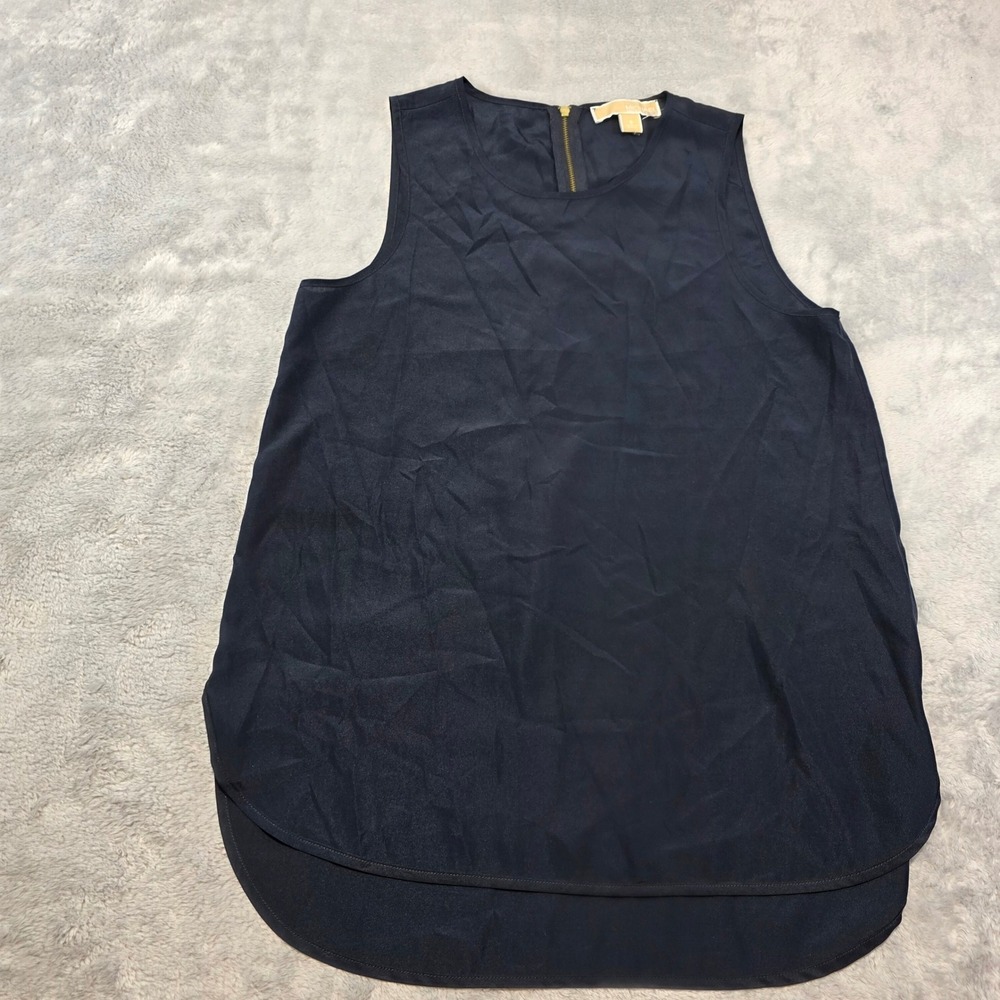 Michael Kors Women Small‎ Navy Blue Sleeveless Blouse High-Low Tank Top Gold Zip